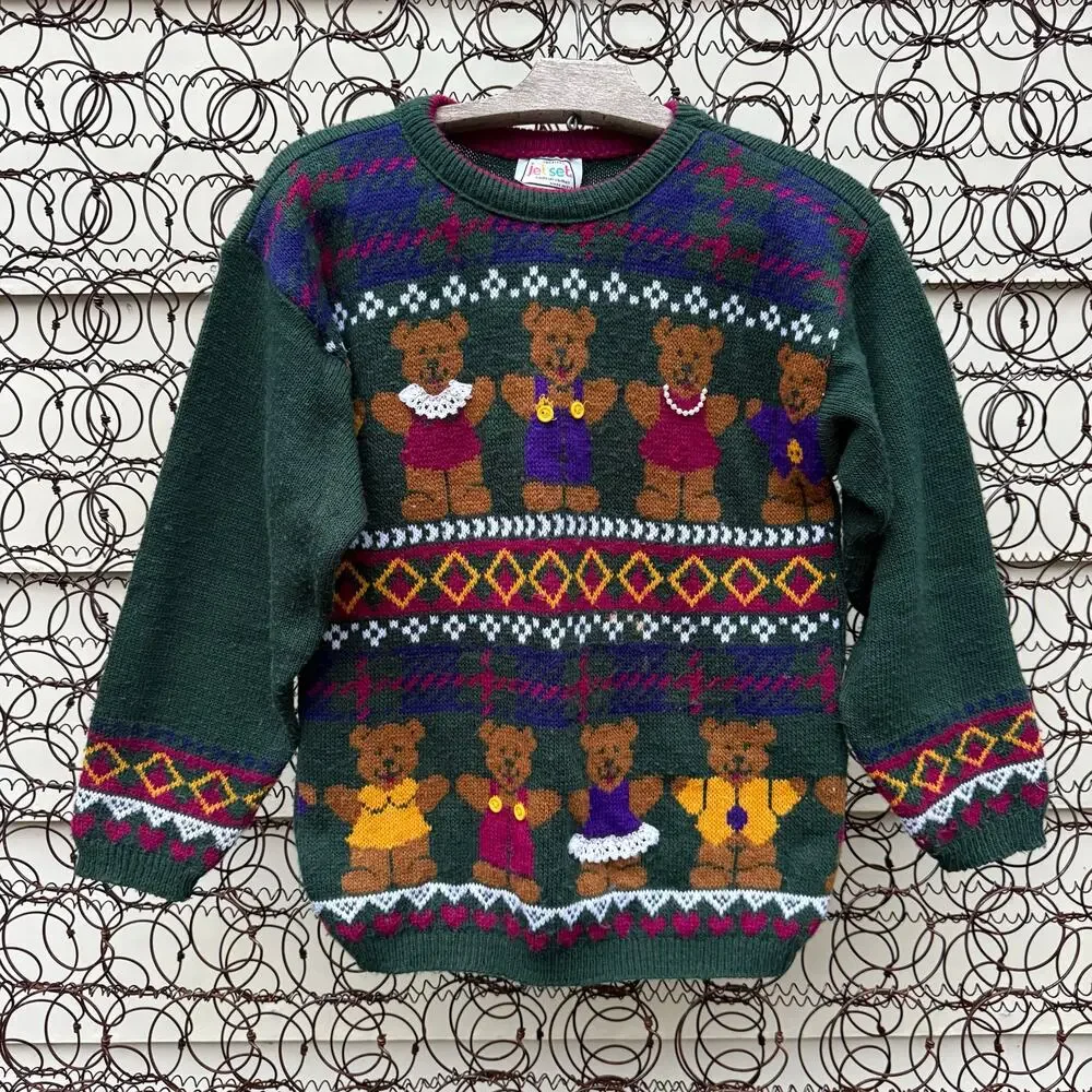 Vintage 90s Jet Set kids 3d bears buttons sweater size medium